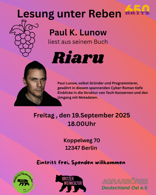 Lesung unter Reben: Paul K. Lunow liest aus seinem Buch "Riaru"